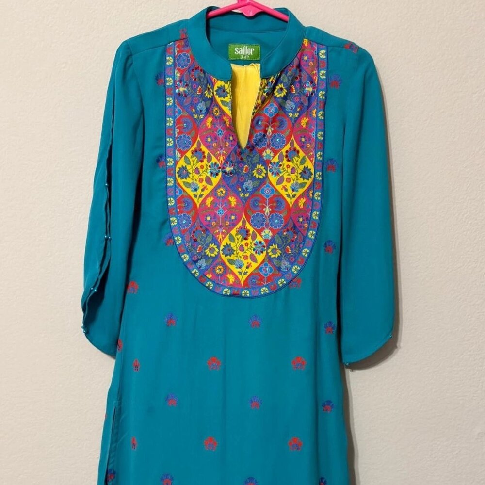 Girls Sailor Traditional Shalwar Kameez Top and Pant Teal Yellow Colors Size 3-4